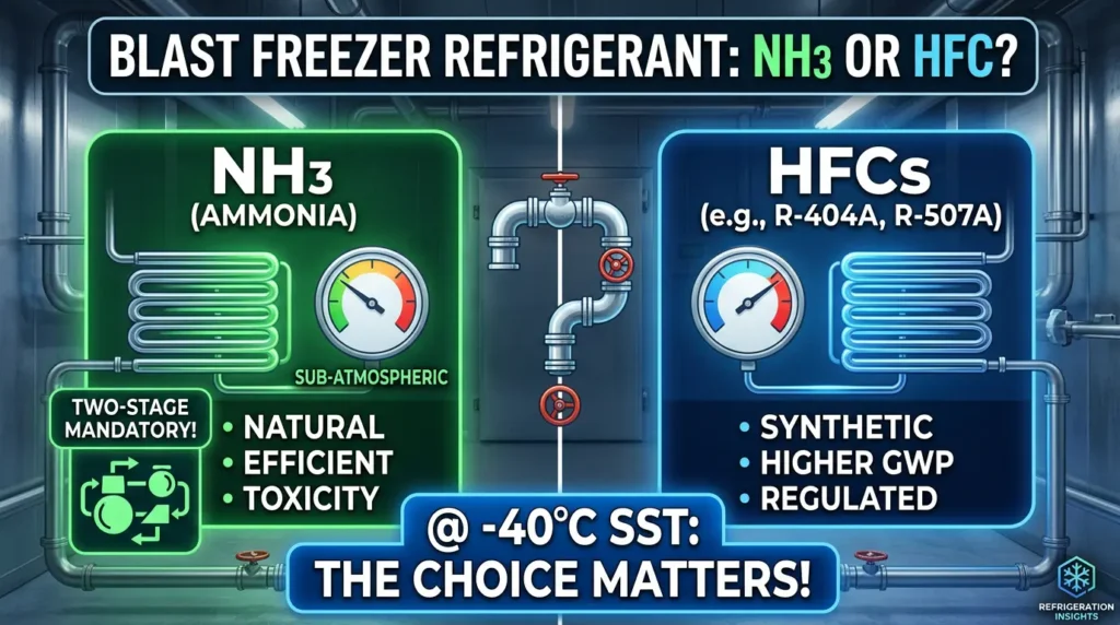 Ammonia or Freon for a blast freezer? The answer changes below −30°C
