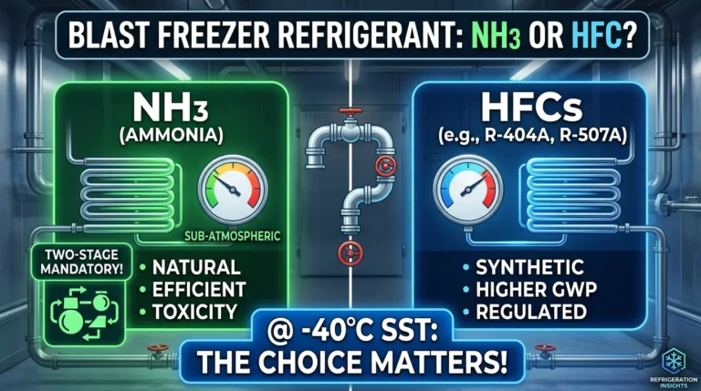 Blast freezer refrigerant selection — ammonia vs Freon at −40°C evaporating temperature
